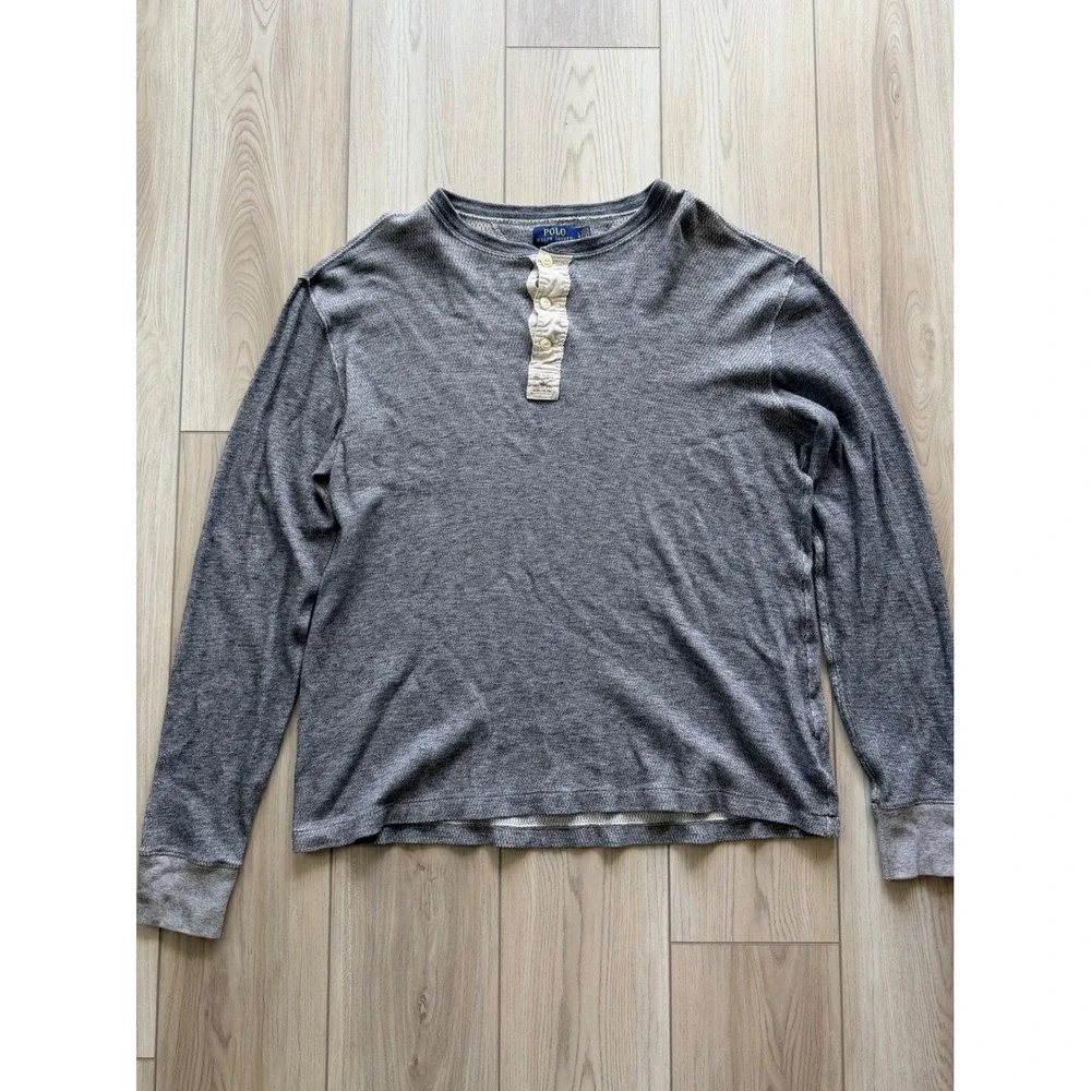 Polo Ralph Lauren Henley Shirt Mens L Grey Long Sleeve Waffle Knit Military Tag